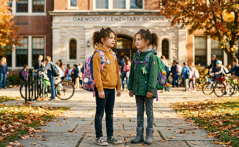 Twin girls standing in front of a school