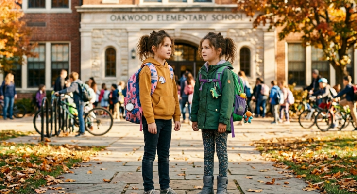 Twin girls standing in front of a school