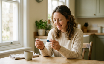 Woman looks at the results of a pregnancy test.