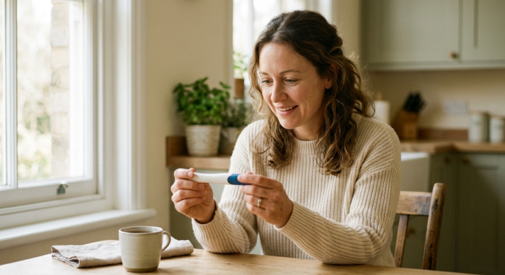 Woman looks at the results of a pregnancy test.