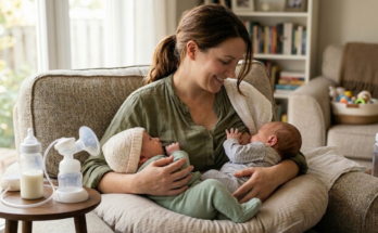 Mother of twins breastfeeding two babies