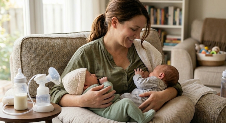 Mother of twins breastfeeding two babies