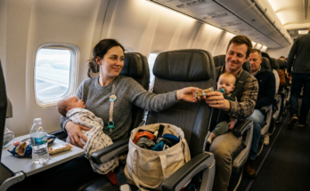 Parents of twins flying on an airplane