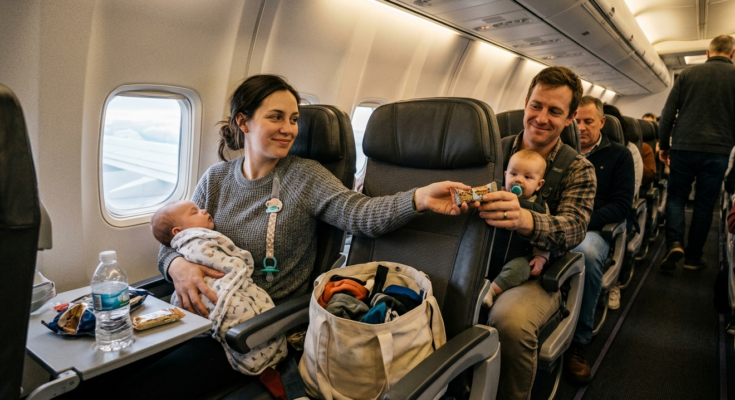 Parents of twins flying on an airplane