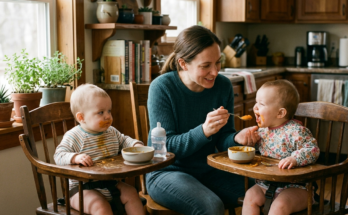 Mom feeding twins solid food