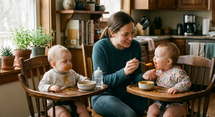 Mom feeding twins solid food