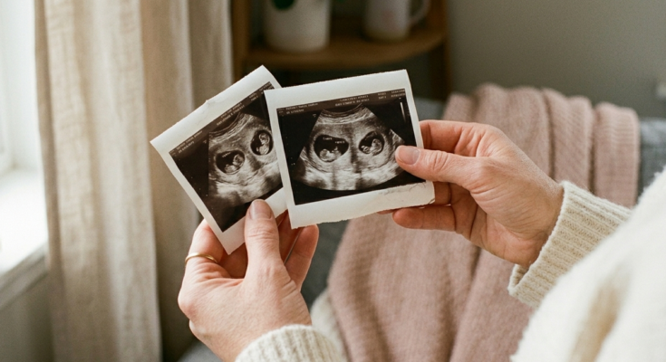 Woman holding two ultra sound photos